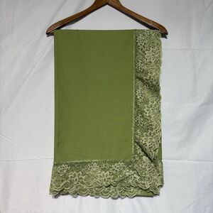 Vintage 1960s 59"X89" Tablecloth Avocado Green Floral Lace Trim Christmas Granny